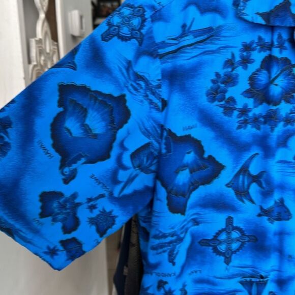 Ui-Maikai Blue Island Map Print Vintage 60s Hawaiian Button Front Camp Shirt - Picture 5 of 10